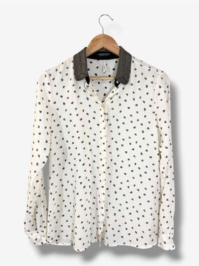 Maison Scotch & Soda ICON Blouse Size 2 Ivory Black Lips Chain Collar Button Up
